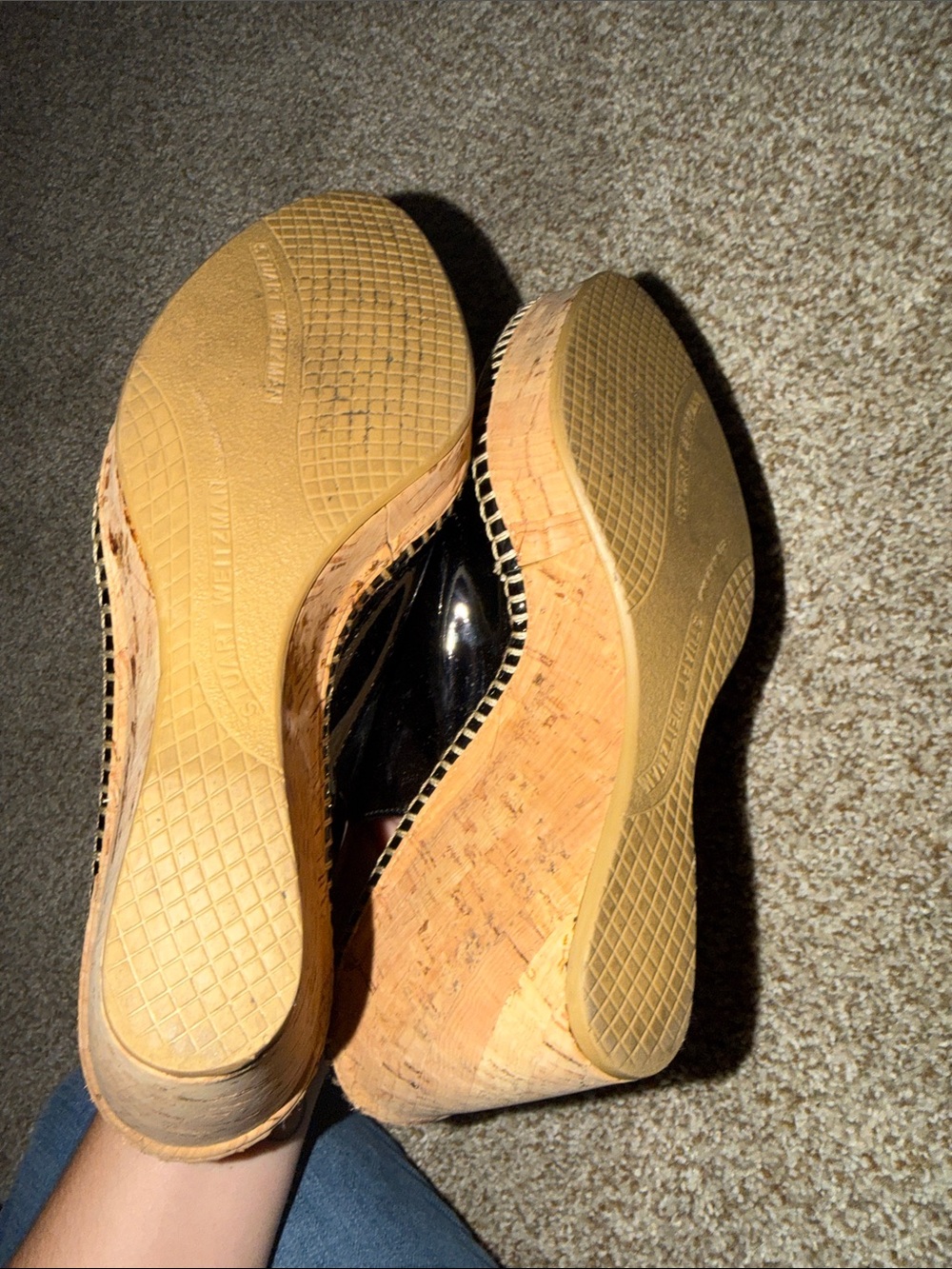 STUART WEITZMAN JEAN BLACK PATENT LEATHER SLINGBACK PEEP-TOE CORK WEDGE SANDALS - Picture 8 of 8